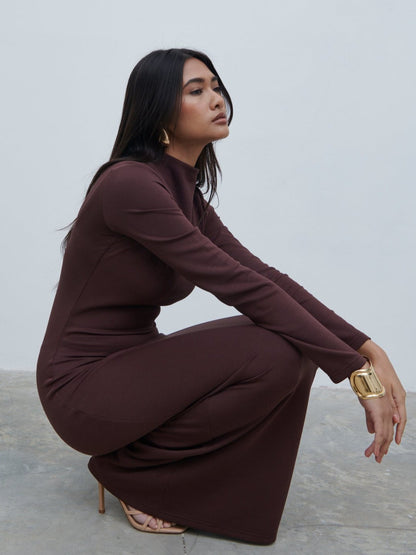 Mabel High Neck Jersey Maxi Dress - Brown