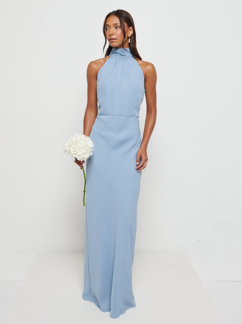 Odelle High Neck Chiffon Maxi Bridesmaid Dress - Dusty Blue