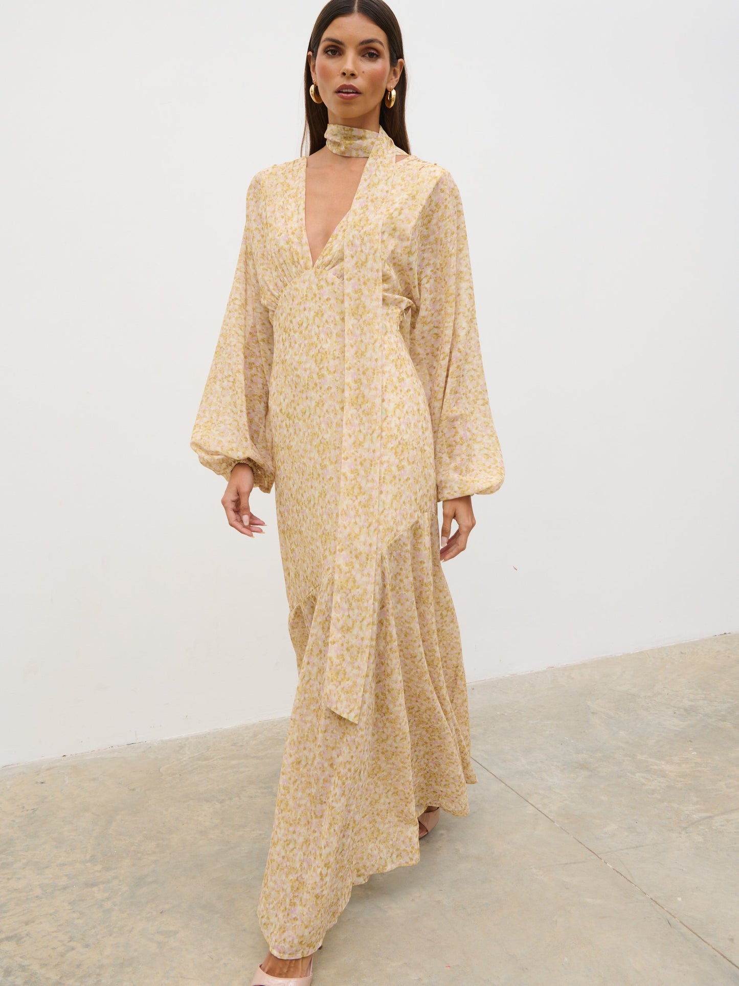 Petula Batwing Scarf Maxi Dress - Chartreuse and Lilac Abstract
