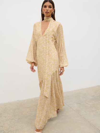 Petula Batwing Scarf Maxi Dress - Chartreuse and Lilac Abstract