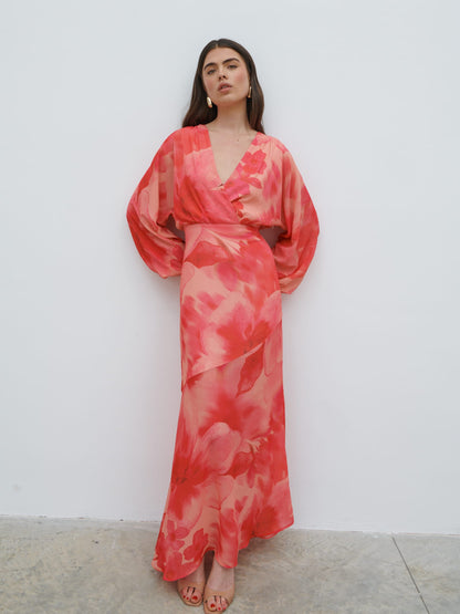 Theia Batwing Maxi Dress - Pink Large Scale Floral