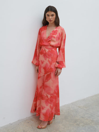 Theia Batwing Maxi Dress - Pink Large Scale Floral