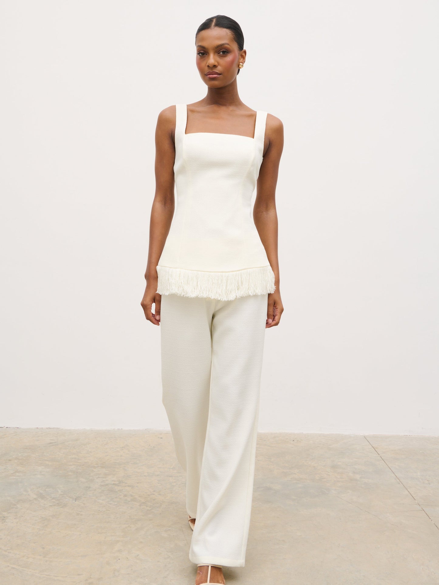 Verona Fringed Tweed Top - Cream