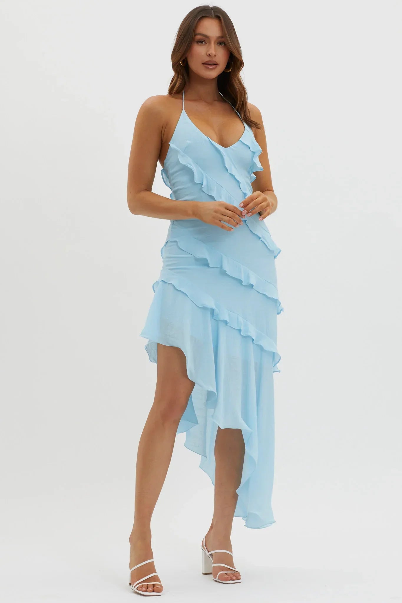 Arrabel Tiered Ruffle Asymmetric Midi Dress Blue