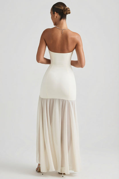 Asymmetric Strapless Fishtail Maxi Dress in Ivory