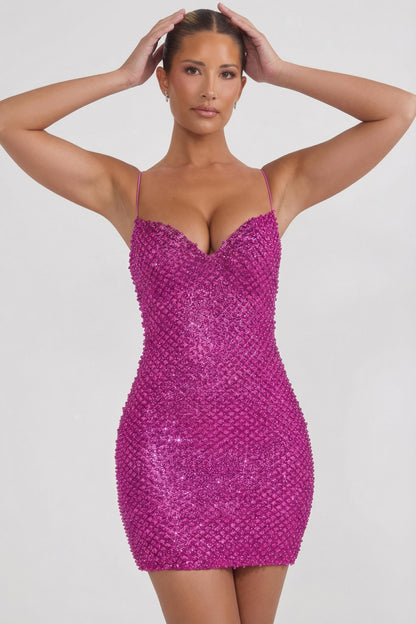 Embellished Sweetheart-Neck Mini Dress in Magenta