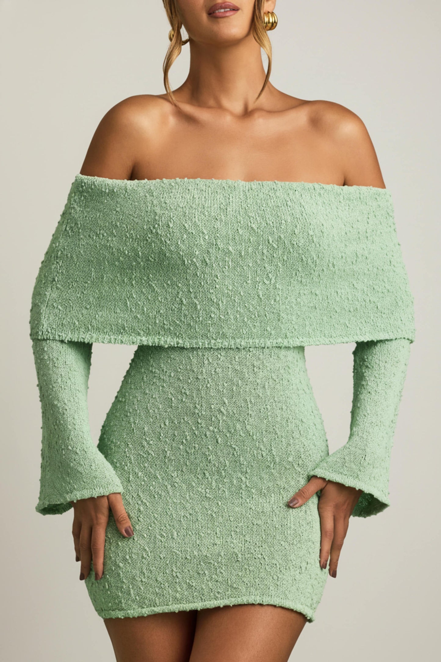 Bouclé Off-Shoulder Mini Dress in Mint