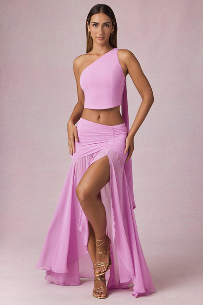 Asymmetric Ruched Maxi Skirt in Pink Orchid